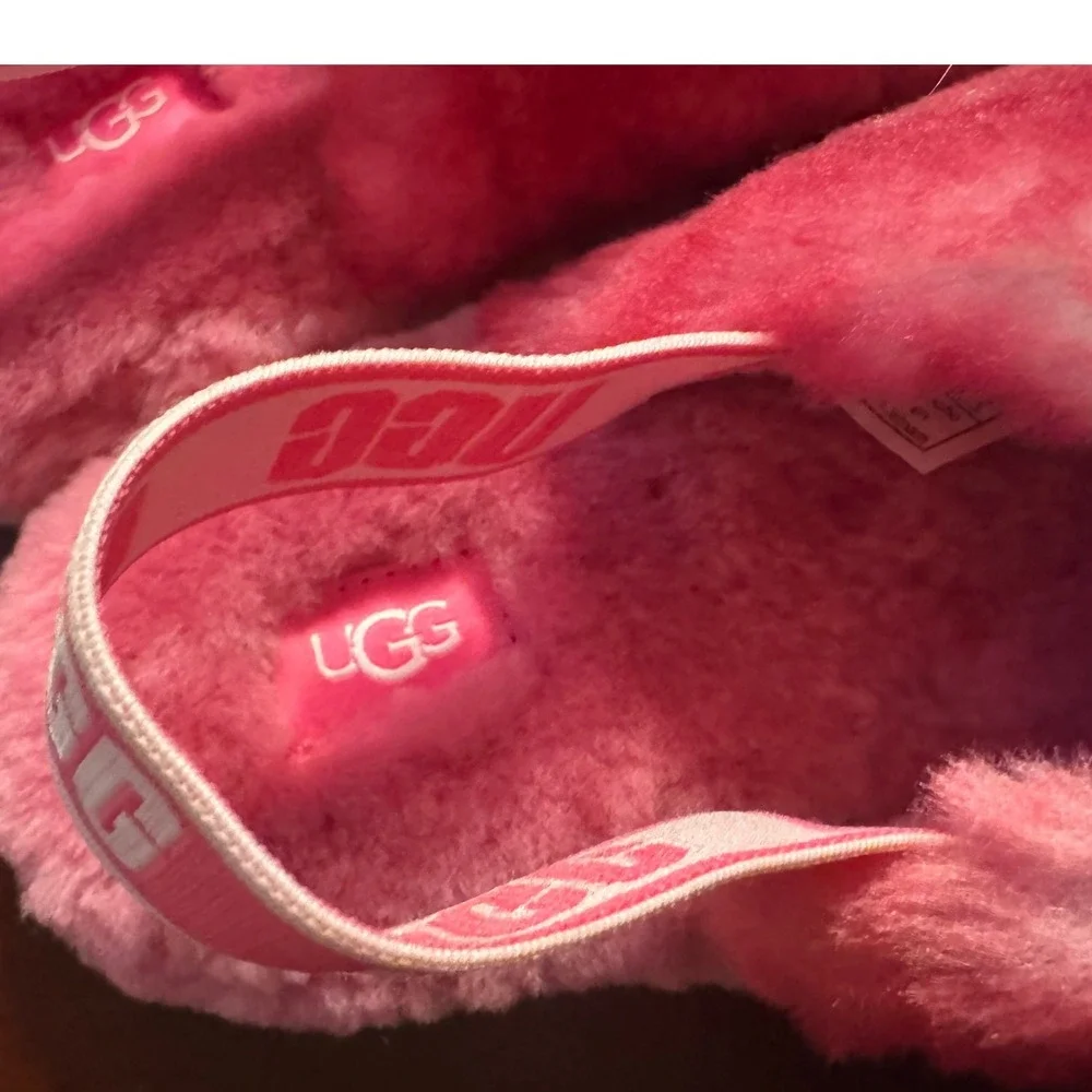 UGG Kids Pink White Tie‎ Dye Fluffy Furry Slides Slippers Sandals Size 4